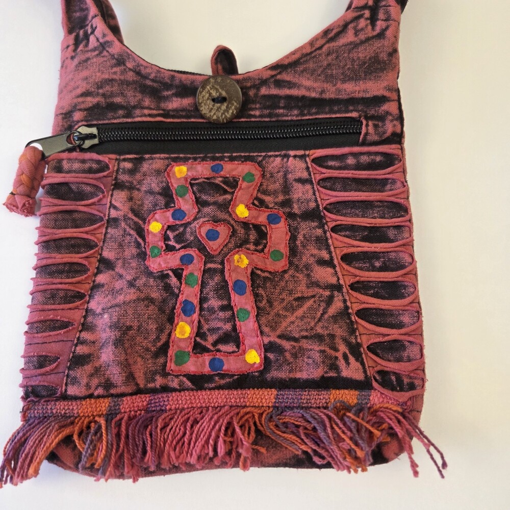 The Collection Royal Pink Black Tie-Dye Crossbody Bag Zip Top Fringe Lined